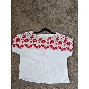 Solitaire Women XL Top White Linen Blend Floral Embroidered Boxy Blouse 24-1526